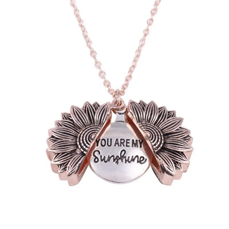 Wholesale Custom Design Women Gold You Are My Sunshine Openable Locket Sunflower Pendant Necklace
