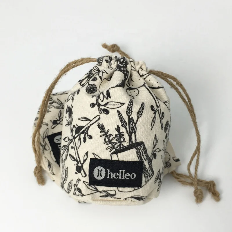 Wholesale Natural canvas cotton calico drawstring pouch small round bottom bag with logo