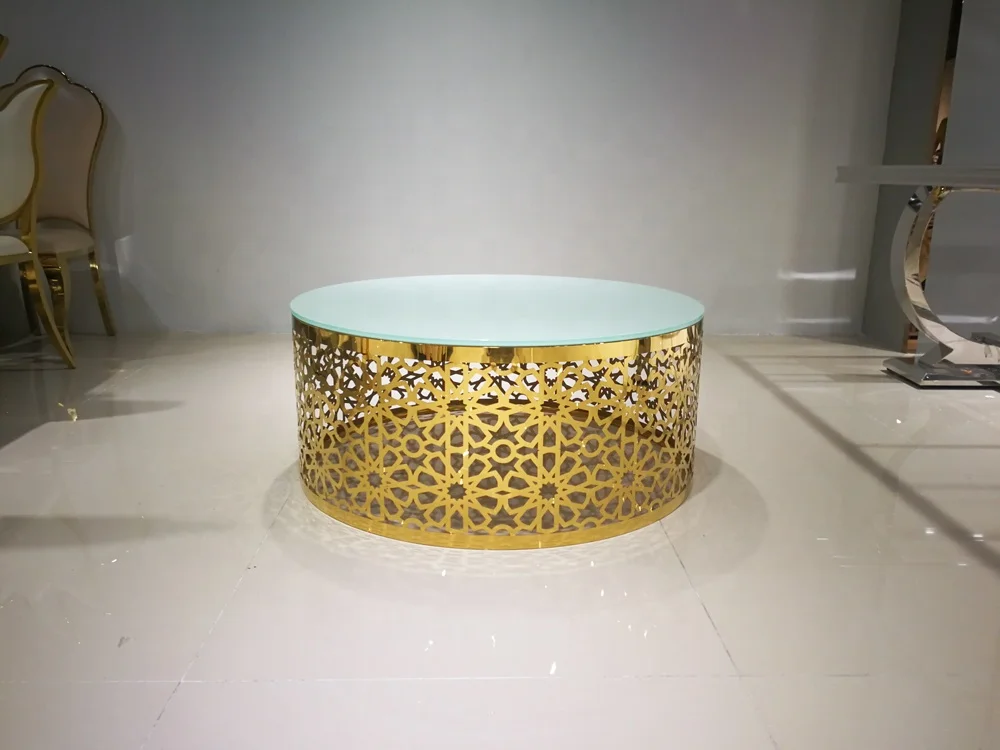 Arabic style gold drum coffee table modern design super white tempered glass top coffee table