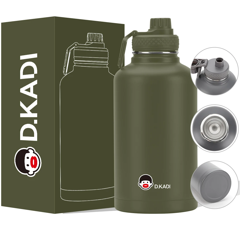 Half Gallon Stainless Steel Water Jug Insulated  Large 64 oz Running Gym Bottle Paracord Handle Rugged Removable Sleeve Keys