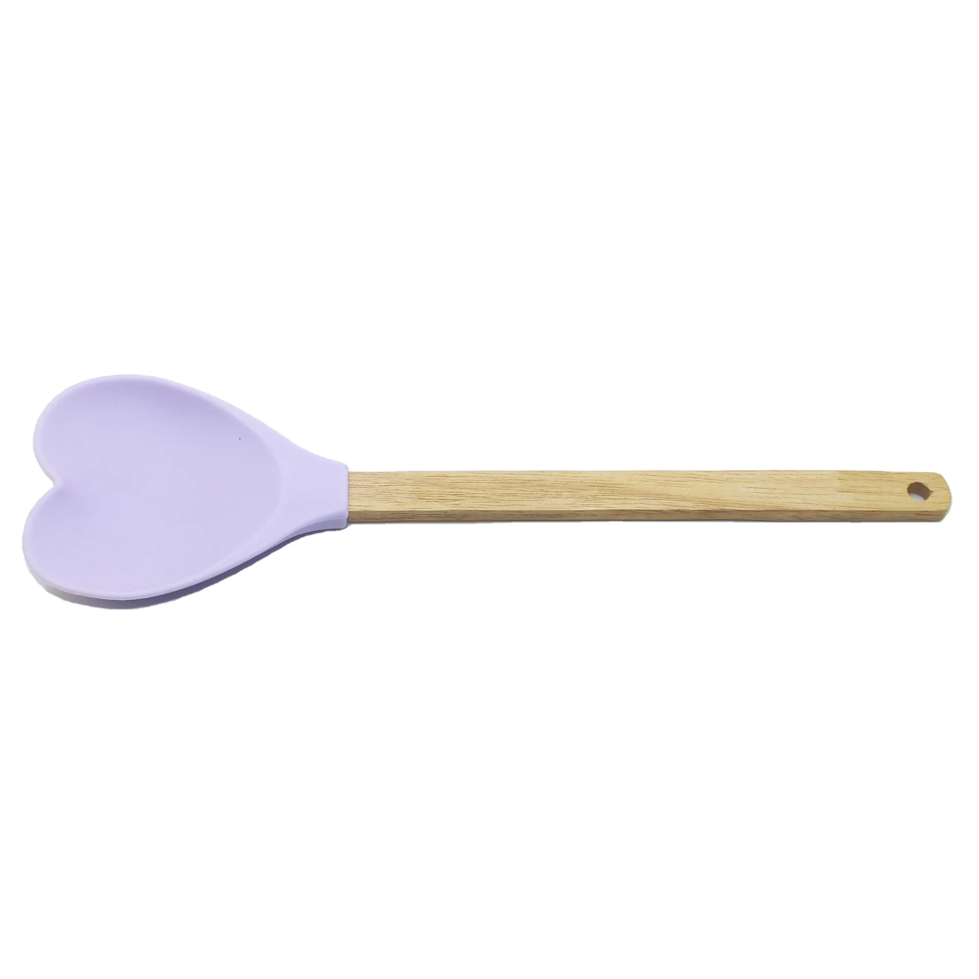 Best selling purple heart shaped non slip bamboo handle hanging kitchen silicone spoon