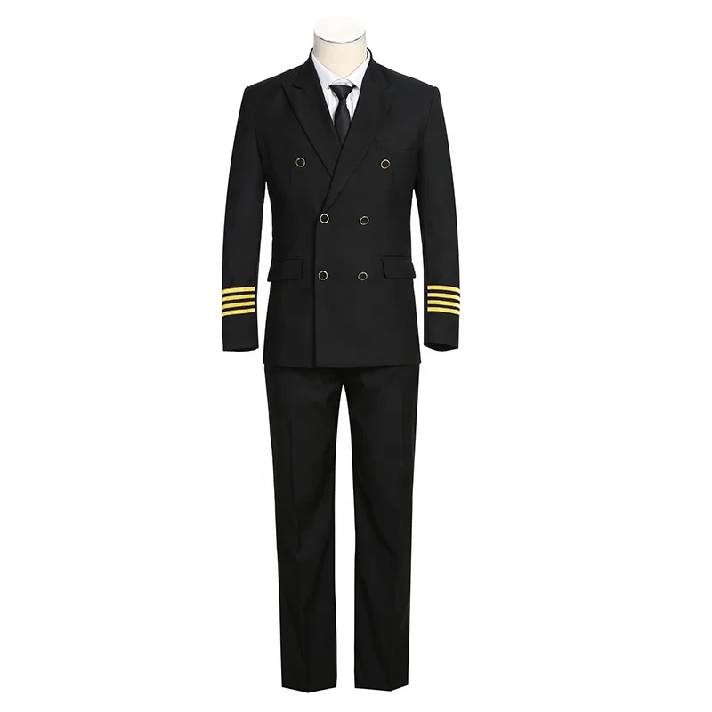 
100% wool mens Pilot Uniforms double breasted peaky lapel metal button silk thread embroidery ribbon tape for airline uniforms 