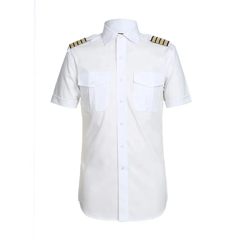 Мужская короткая рубашка-пилот, униформа на заказ, эполеты из ткани CVC с золотой наплечной платой, двумя накладными нагрудными карманами