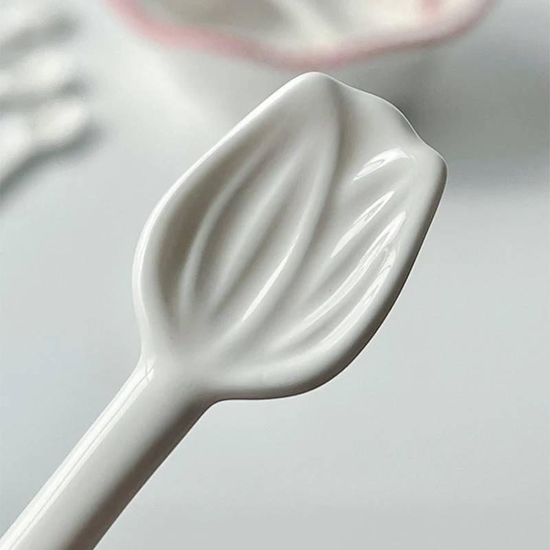 Creative Ceramic Pure White Embossed Tulip Shape Spoon Coffee Cupping Spoon Dessert Spoons