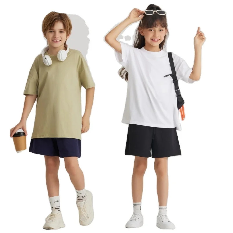 245g Boys and girls heavy wide thread profile loose shoulder short sleeve T-shirt earth color FOG