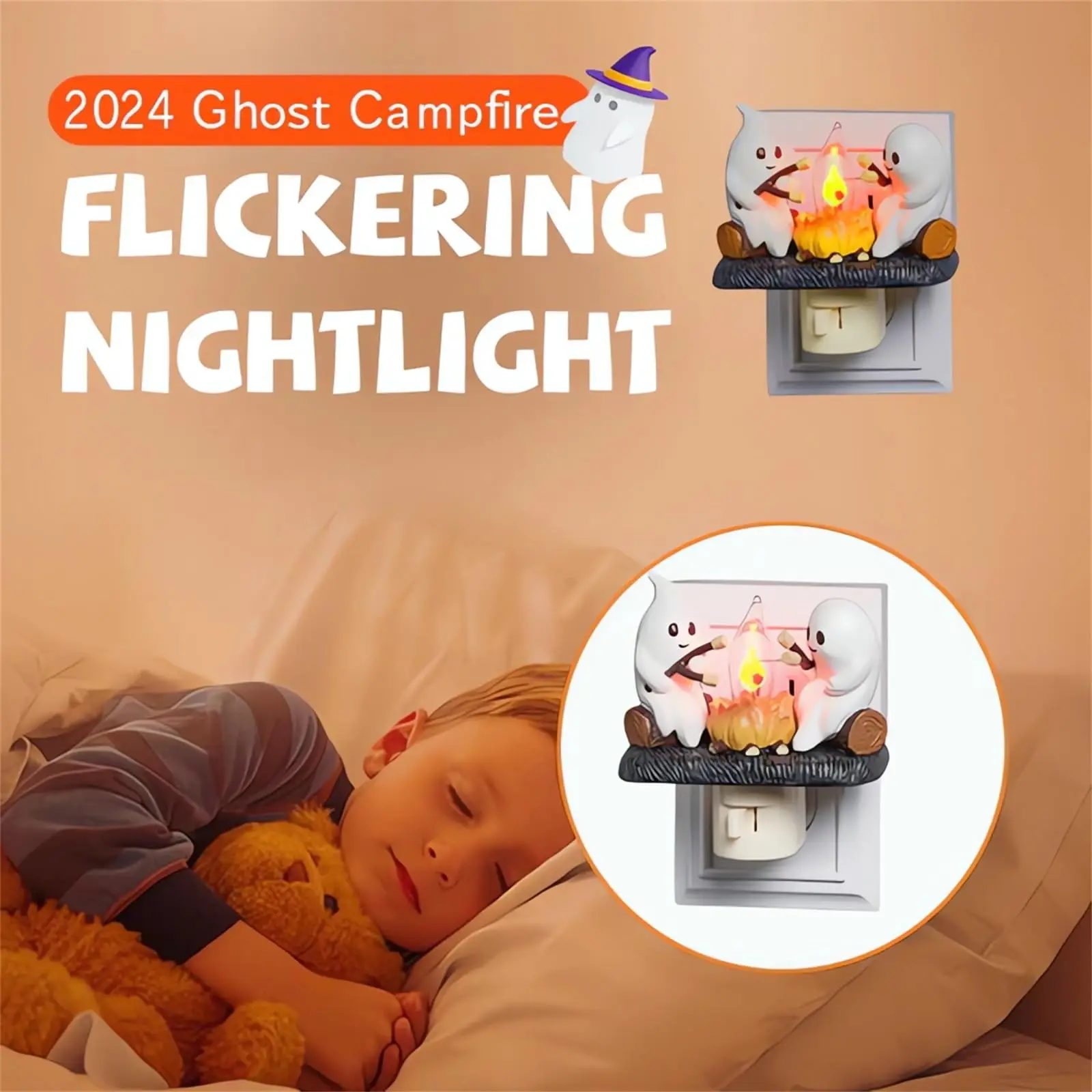 Cute Spooky Ghost Nightlight Flickering Flameless Campfire Candle in Resin Plug into Wall Lamp Anime Model Number