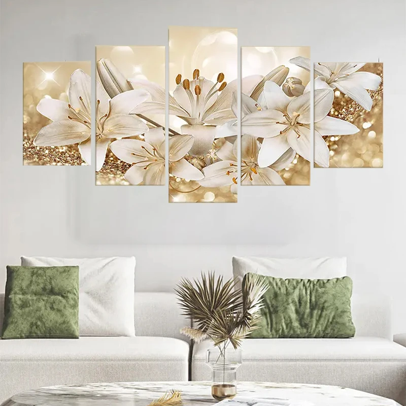 Yellow Orchid Flowers 5 panel Canvas Print - modern artwork picture Abstract Wall Art Painting Decor for Home living room Decor