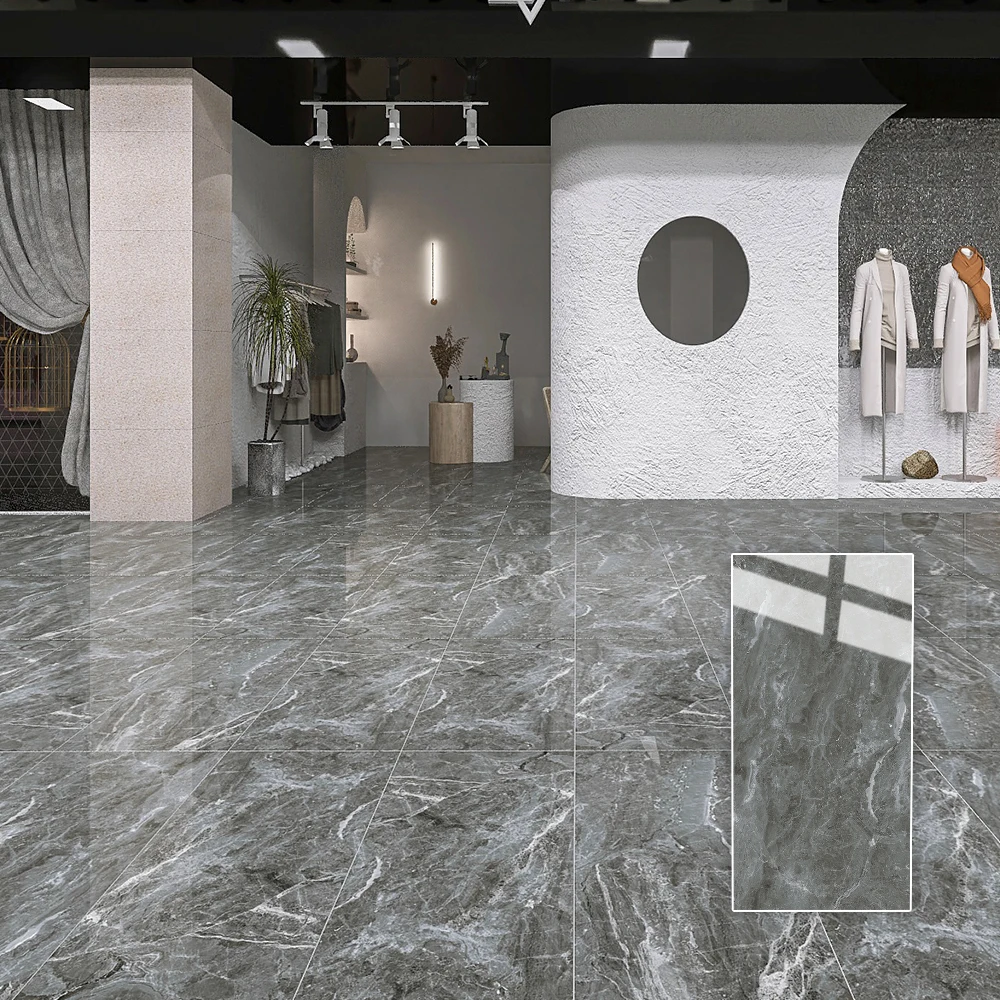 Exhibition Hall 600x1200mm Dark Color Porcelain Tiles Full Body Marble Glazed Polished Porcelain Glossy Floor Glossy Finish Tile