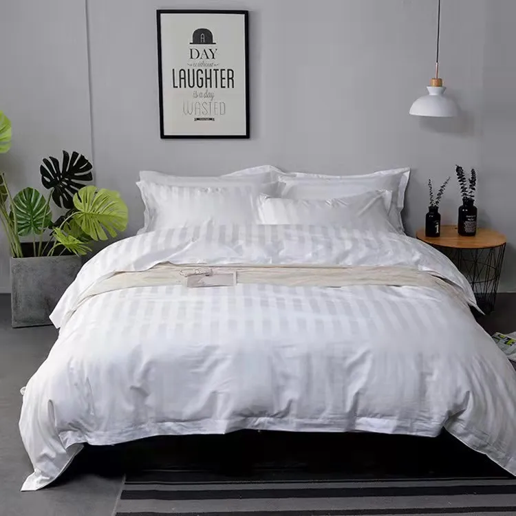 Custom bedding set luxury bedding set hotel linen factory 5 star white cotton/poly 3cm stripe jacquard design bedding set