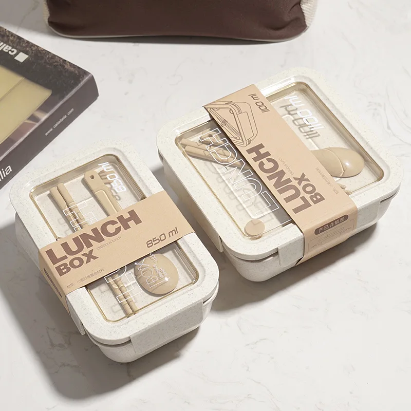 Newest Hot Sell Wheat Straw Bento Lunch Boxes Set with Spoon and Fork Double Layer Large Capacity Portable sealed Box