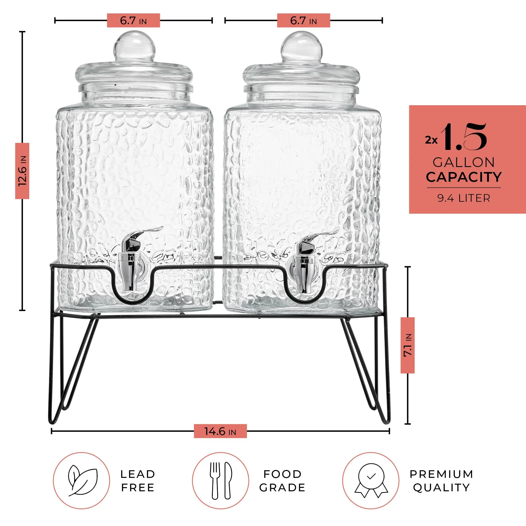 Portable 1.5 Gallon Large Countertop Clear Glass Party Drink Dispenser Set with Rack Tap for Sweet Juice Tea Lemonade Water