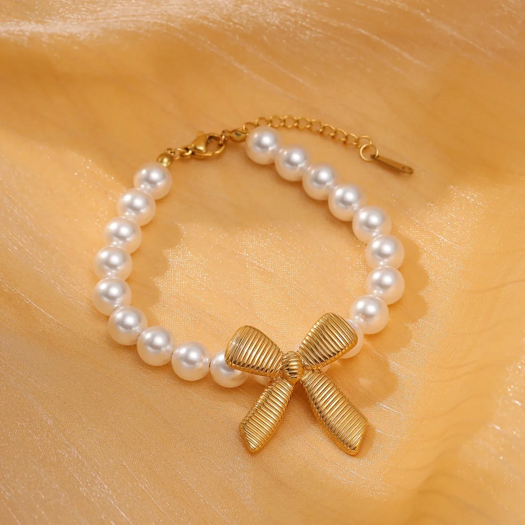 French New Elegant Stainless Steel Bow knot Freshwater Pearl Bracelet 18K Gold Plated Non Tarnish Waterproof Jewelry Gift