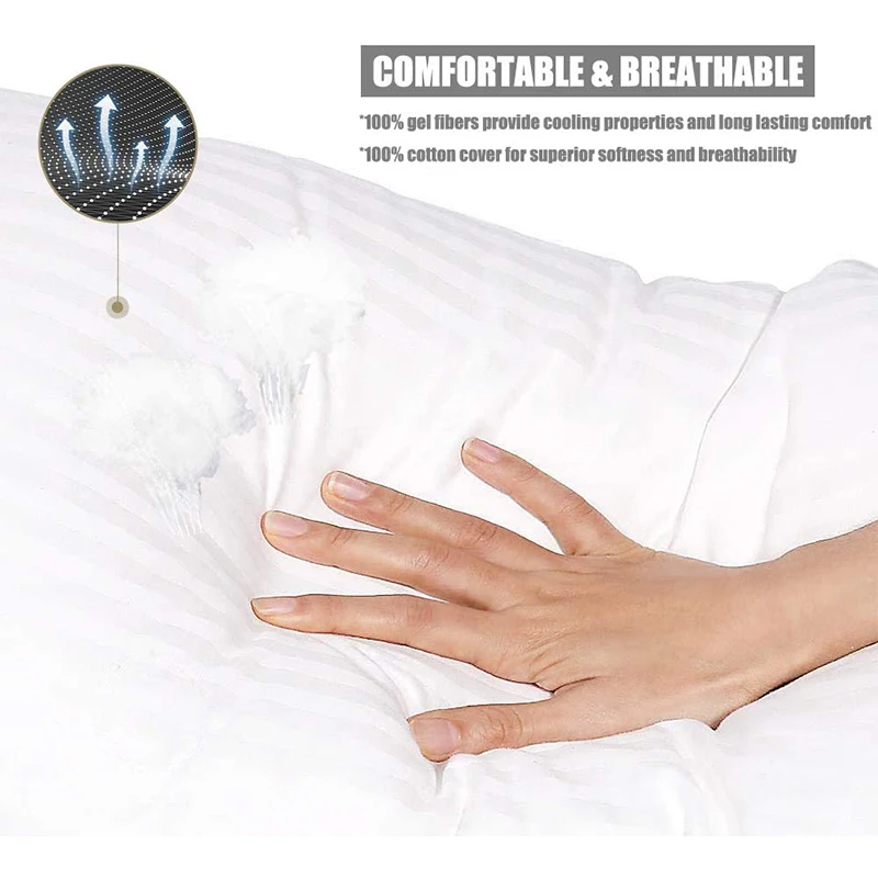 Hotel quality Luxury Gel Plush Soft down alternative microfiber filled cotton stripe Bed Pillows for Back Stomach Side Sleepers