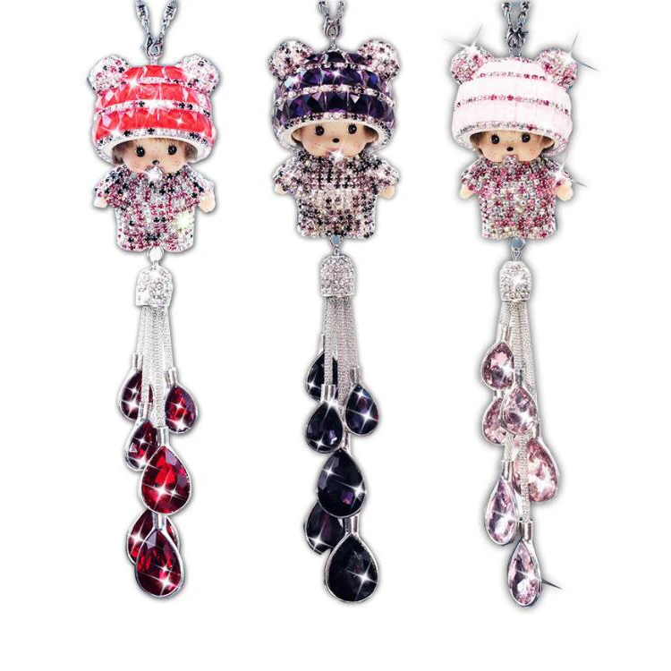 Car Rear View Mirror Pendant Rear View Mirror Accessories with Crystal Baby Girl Ornament Lucky Hanging Interior Ornament Gift