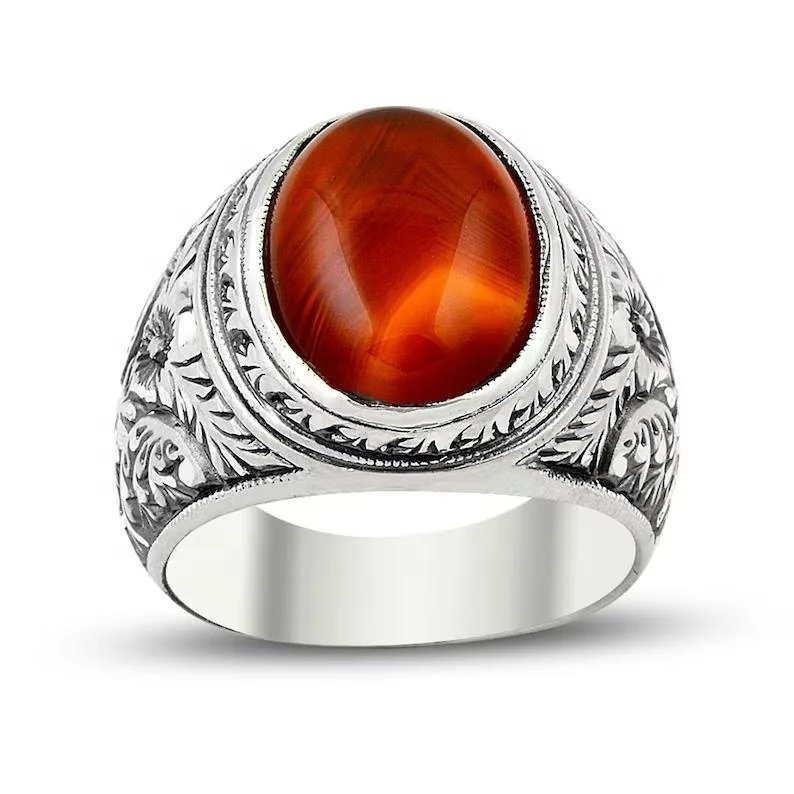 Vintage Wholesale Onyx Agate Silver Ring 925 Mit Stein Feroza Stone Turkische Aqeeq Ring Silver Turkish Ring Men