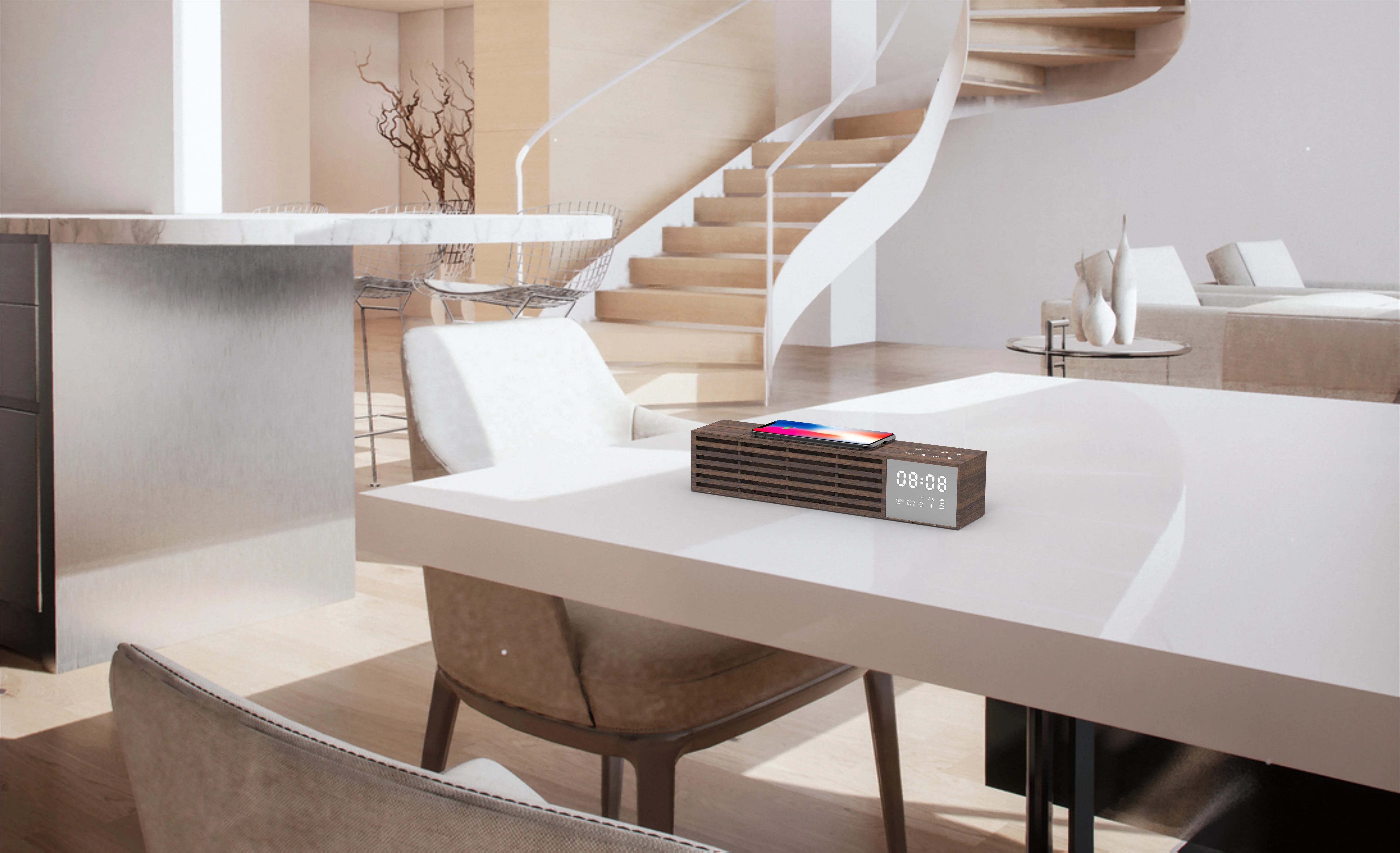 2022 Factory wholesale Multifunction Home Smart speakers waterproof wireless wood grain Speaker with clock for desk alarm clock