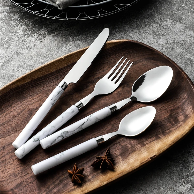 Hot sale restaurant hotel used 4 pcs stainless steel dinner fork spoon knife marble design plastic handle cutlery set