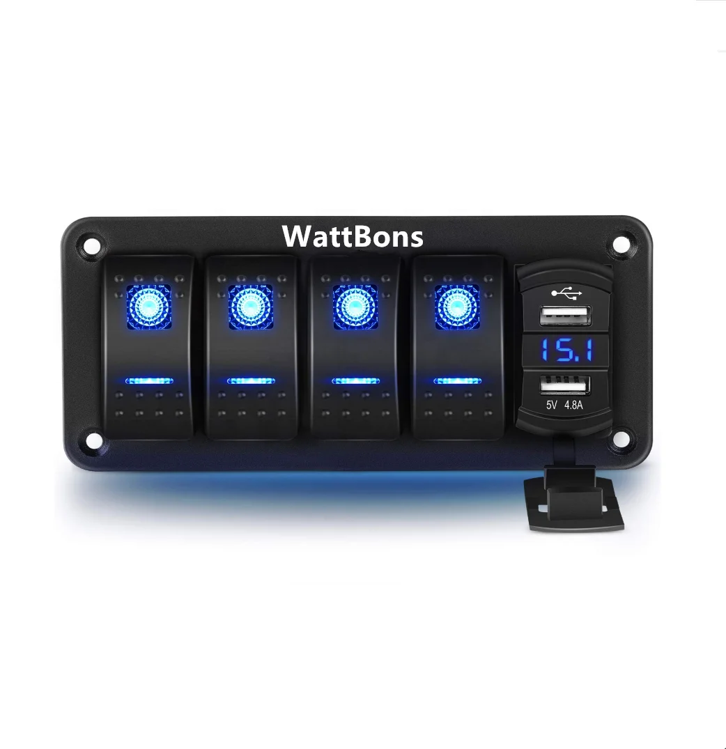 Rocker Switch Panel for Car Boat SUV Truck Yacht RV Dual USB Charger Socket 12V-24V Voltmeter LED 4 Gang Rocker Switch Panel