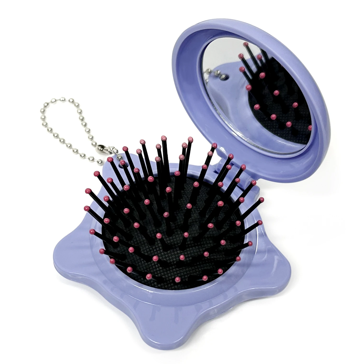 Customized Logo Star Shape Folding Hair Brush with Keychain, Pocket Compact Massage Brush and Mirror