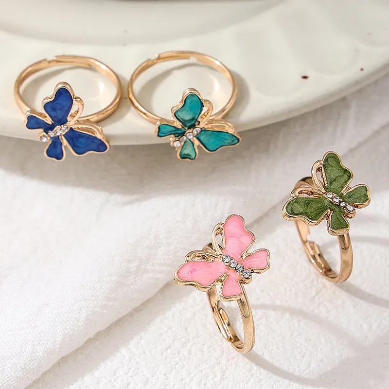 Kinling OEM Design Cute Opening Adjustable Lady Colorful Butterfly Diamond Rings For Women Femme Bijoux Bague Elegant Girl Gift