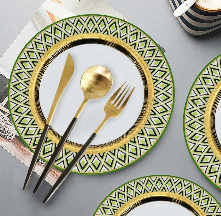 2PCS elegant green color classical bone china porcelain10.5inch with 8inch gold rim  Europe dinner dish plate sets