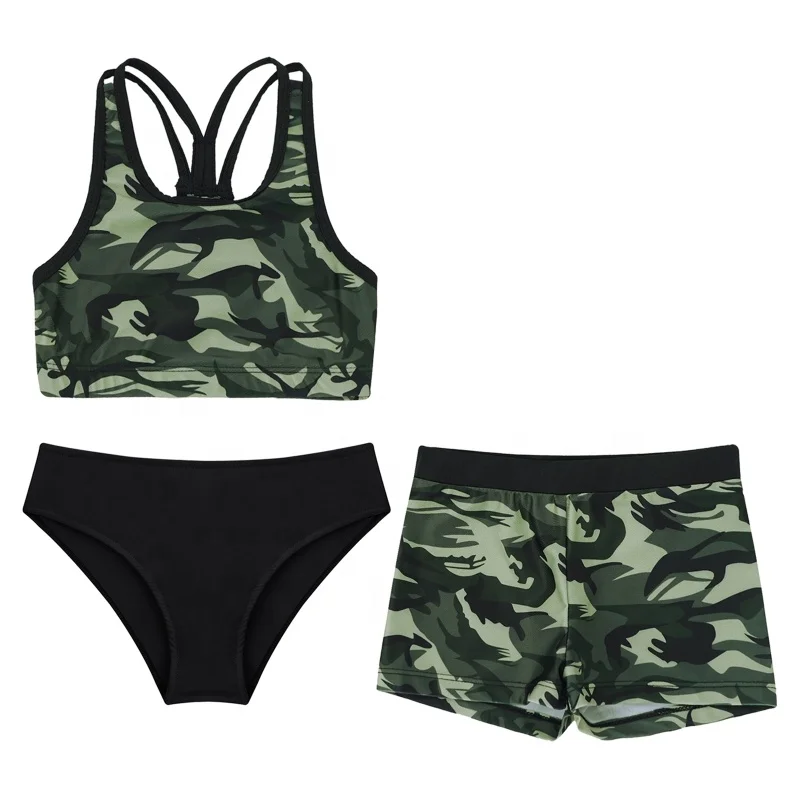 Kids Girls Sleeveless Strappy Back Crop Top Elastic Waistband Shorts Top Briefs Beach Pool Swimming Bathing 3Pcs Swimsuit Set