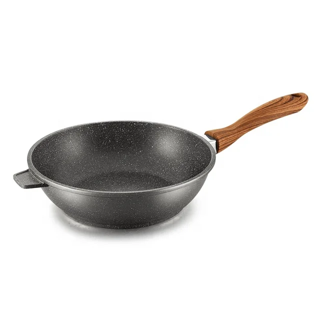 24cm die-cast aluminium grey non-stick marble deep frying pan with wooden soft touch handle