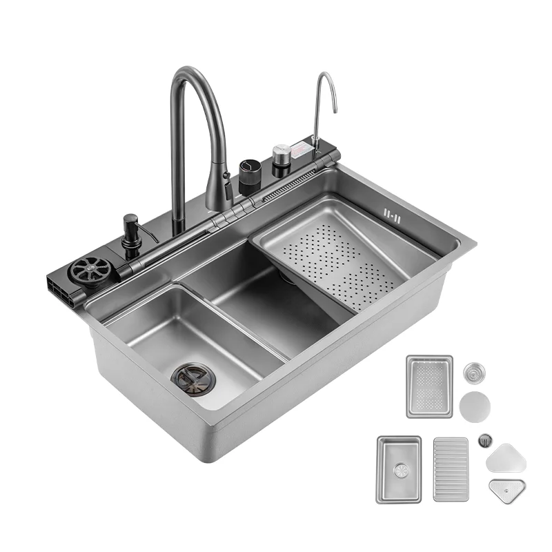 Popular LED Display Nano 304 Stainless Steel Kitchen Sink Large Rectangular Single Waterfall Design Multifunctional Anti-Scratch
