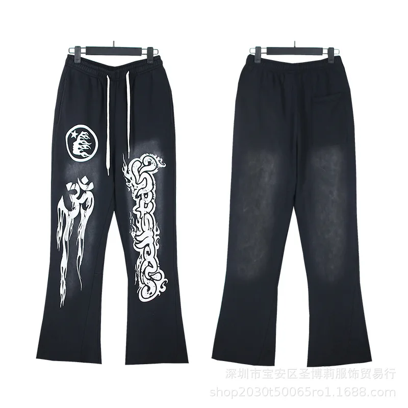 Custom Logo Streetwear French Terry Acid Wash Blank Sweat Pants Side Button Vintage Flare Sweatpants Jogger Pants For Men