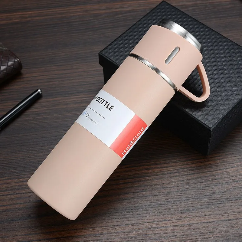 Wholesale Hot Thermos Stainless Steel Vacuum Flask Water Bottles Flask Gift Set With 3 Steel Cups And Press Button