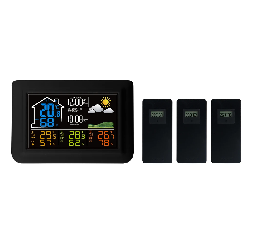 2024 EVERTOP  433MHZ RF WIRELESS COLORFUL WEATHER STATION CLOCK WITH 3 SENSORS, INDOOR AND OUTDOOR TEMP. AND HUMI.  ET820E-3