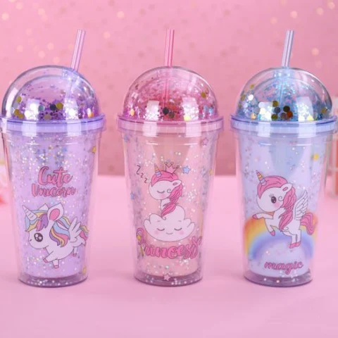 Custom Logo Unicorn Fancy Iced Summer Glitter Straw Children Tumbler With Straw