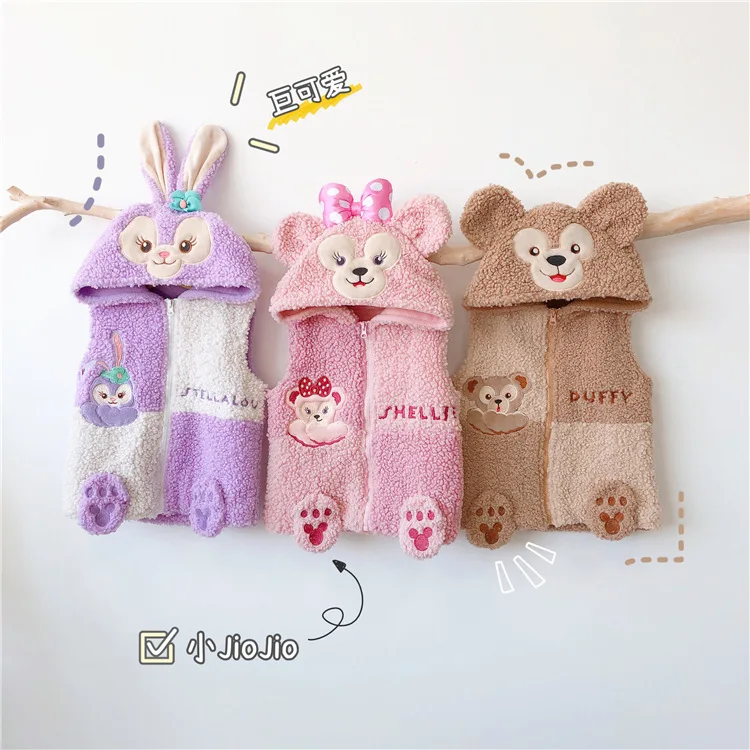CT 038 Beautiful cartoon rabbit & bear print hooded faux fur vest for baby girls warm sleeveless winter waistcoat wholesale (1600172079098)