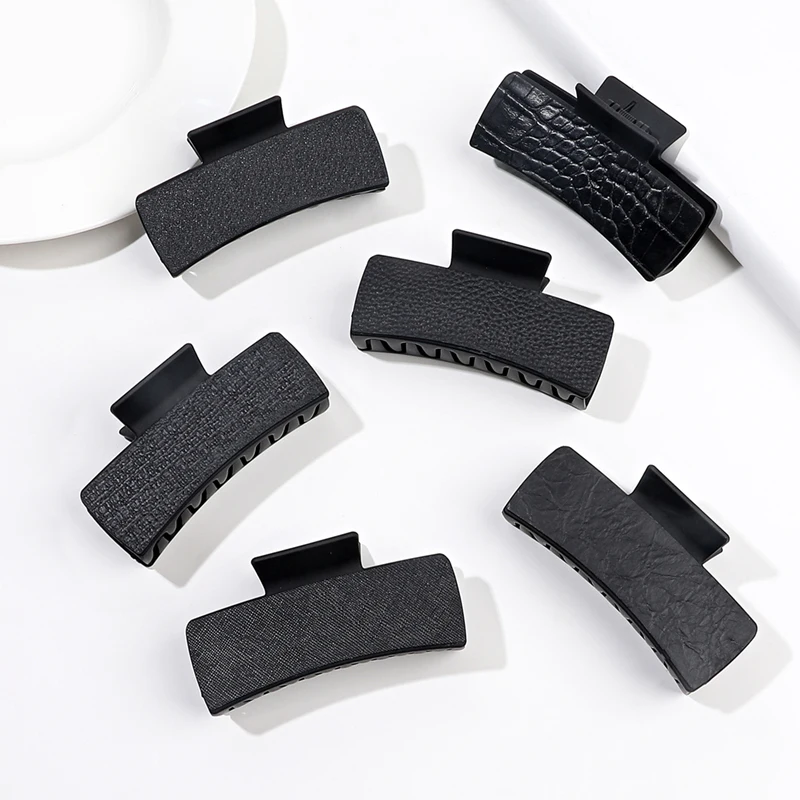 Black Square Pu Leather Acrylic Hair Clip 10.5cm Retro Rectangle Hair Claw Clips Women Girls Classics Splicing Shark Hair Claws