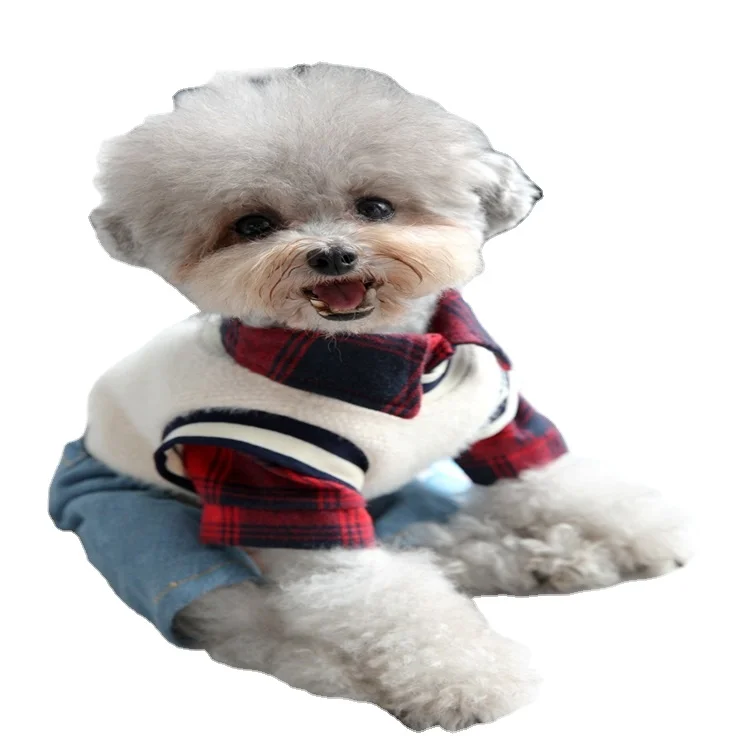 
Plaid Shirt With Denim Pants Vest Overall For Dog Autumn Winter Pet Fashion Clothes Set For Small Medium Animal Chihuahua Yorkie 