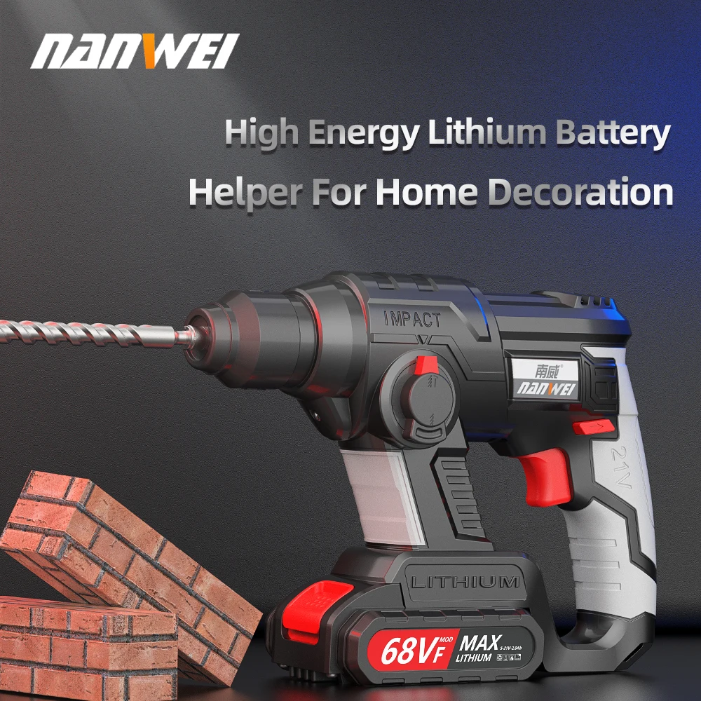 NANWEI Industrial Cordless Impact Hammer 1100r/min 21V 7.5AH ElectricPower Brushless hammerFor drill steel wood concrete lithium