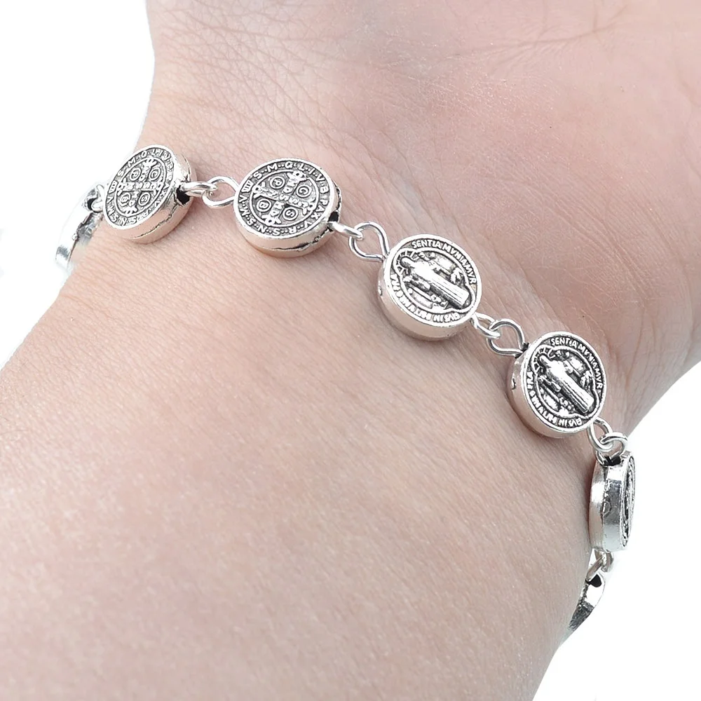 Classic San Benito Rosary Bracelet Religious Silver Alloy Metal Saint Benedict Beads Miraculous Catholic Gift Idea Elegant