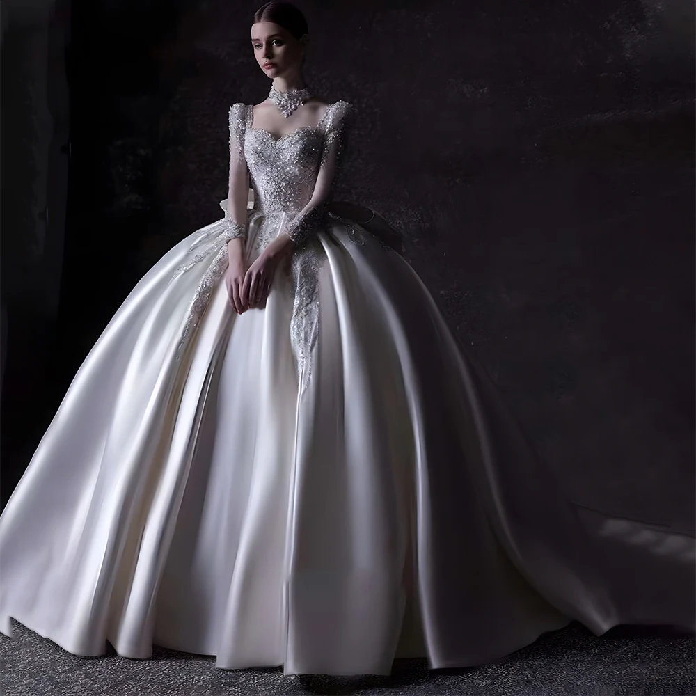 New Bride French Heavy Industry Satin Wedding Dresses Lace Long Sleeves Classic Customize Wedding Gowns Bride Dress LSHT004