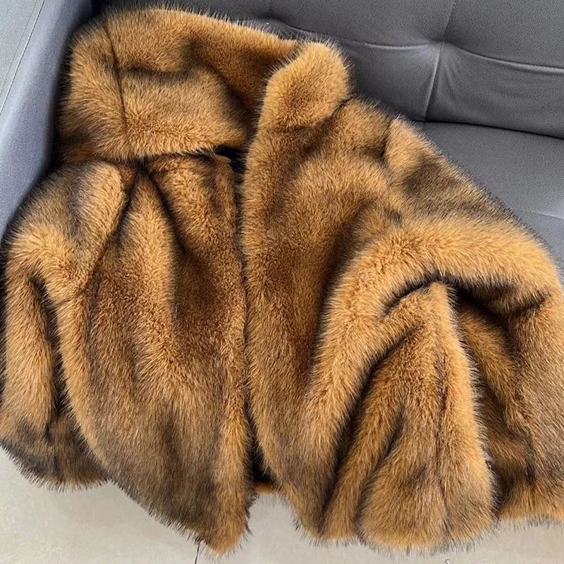 New fashion custom logo  imitation fur coats  Wholesale hooded outwear High Quality artificial fur long jackets for ladies