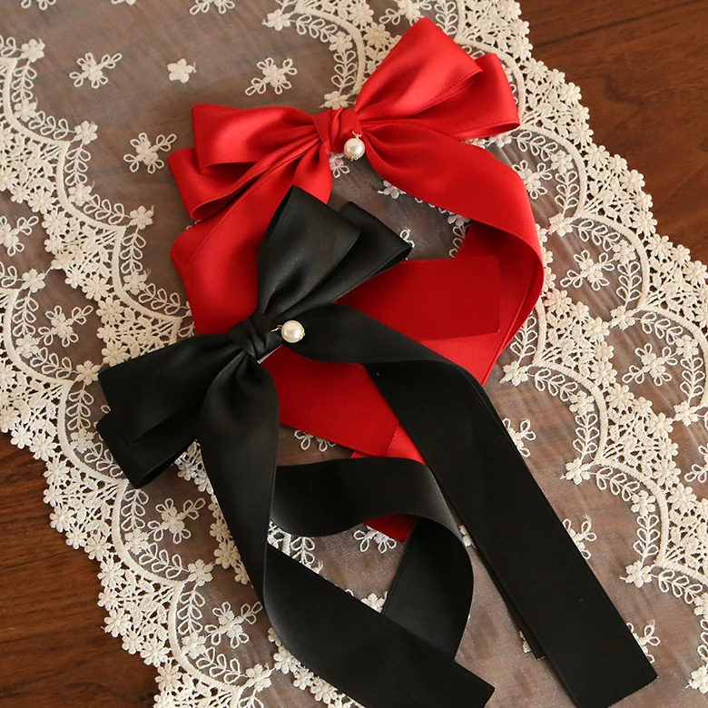 Hot selling romantic style ribbon hairpin Pearl Lulu Ribbon Hairpin made in Korea a large ribbon pin with pearls is best selling