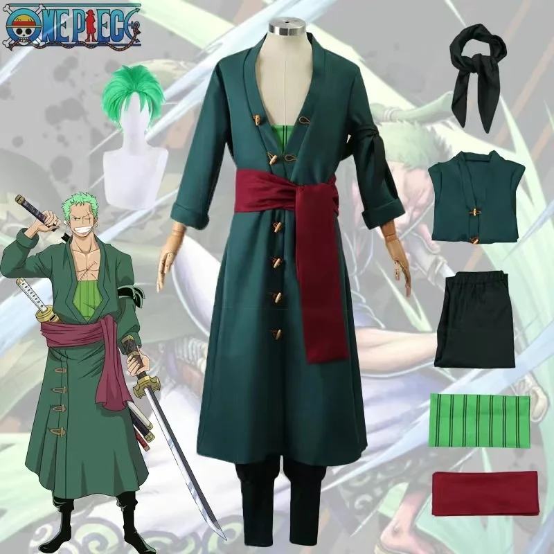 Anime Roronoa Zoro Cosplay Costume Kimono Robe Cloak Uniform Green Coat Belt Pants Head Scarf Wig Earrings Halloween Men Clothes