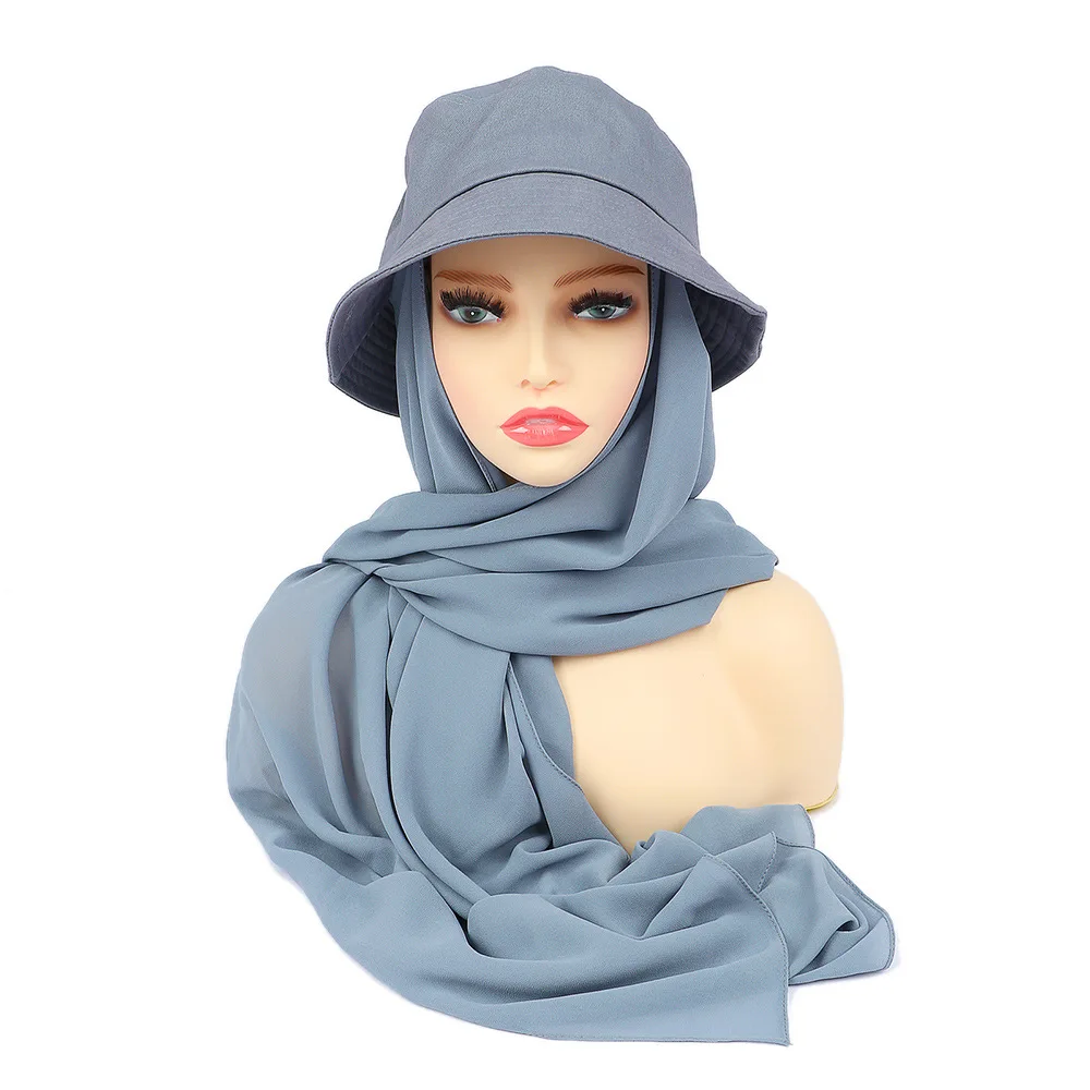 2023 High Quality Tudung Muslim Shawls Hijab With Fisherman Hat Suit Scarf Chiffon Instant Hijab