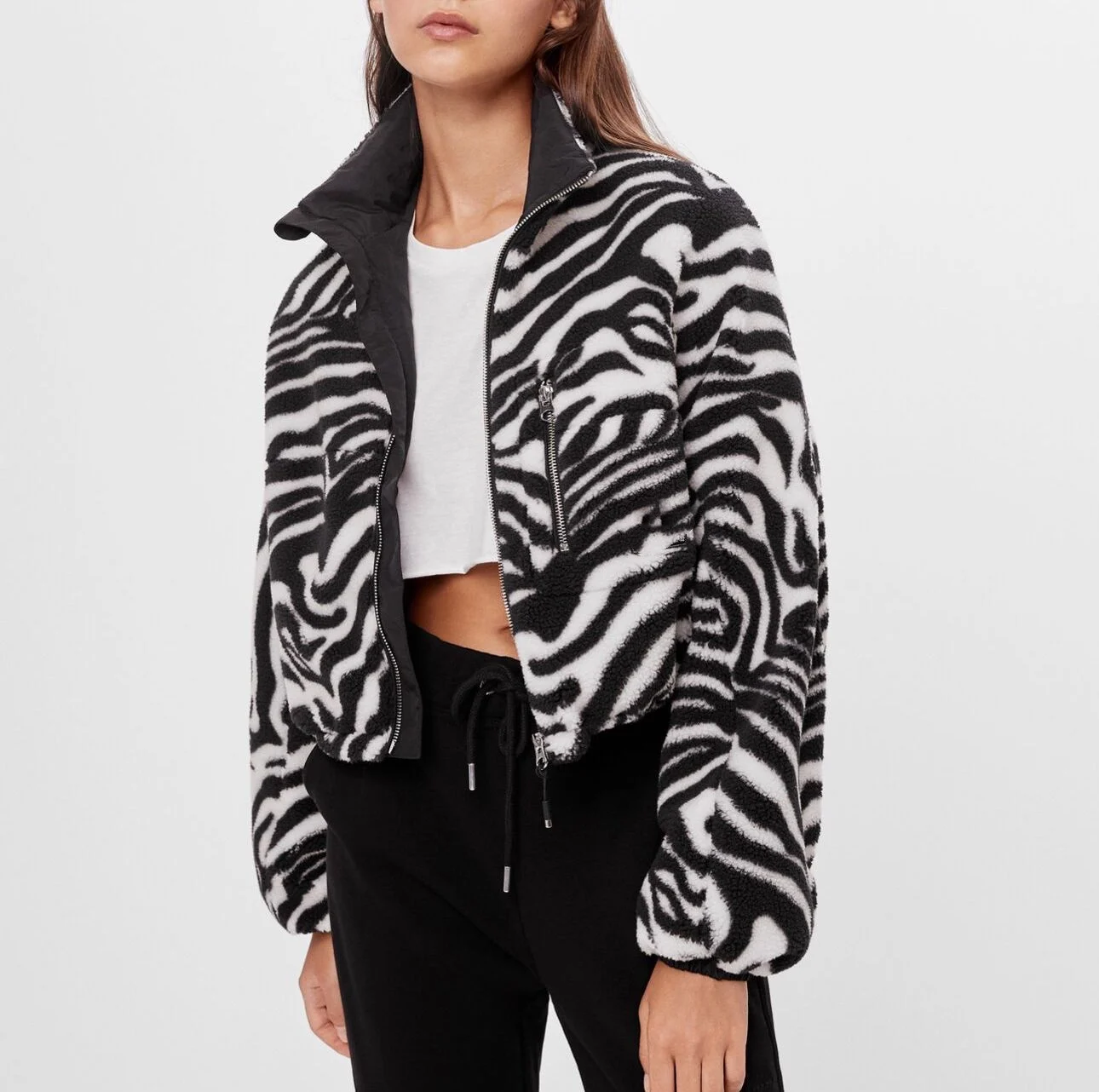Winter Fashion Casual Animal Print Fringe Zip Up  Sherpa Cropped Teddy  Fleece  Faux Fur Jacket Women