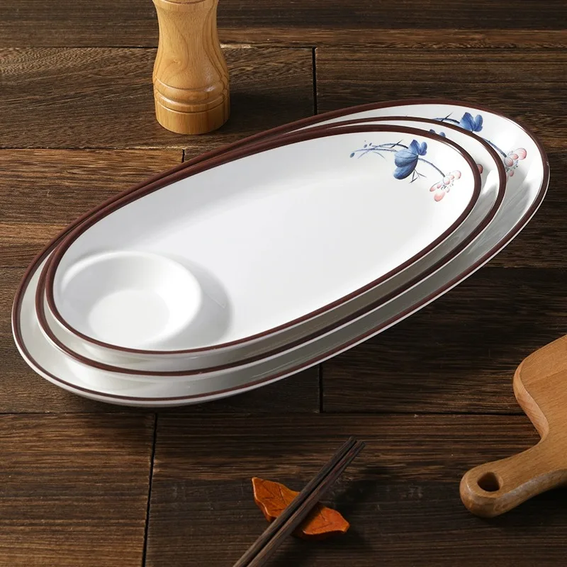 Chinese Style Custom Logo Table Ware Unbreakable Compartments Soy Sauce Dish Dinnerware Melamine Oval Plate For Restaurants