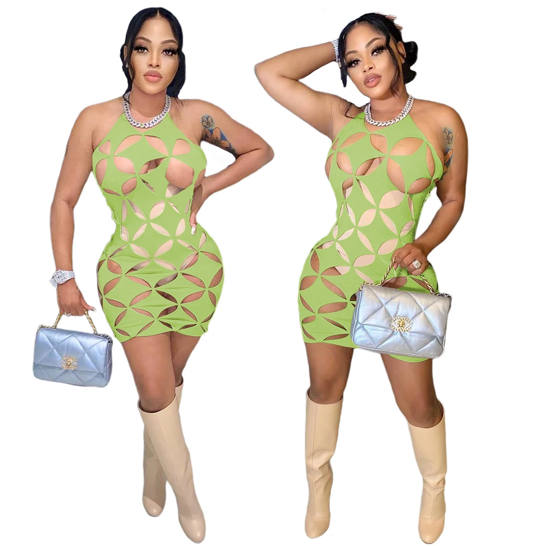 Spring new arrival fashion sexy hollow out halter women nightclub dress 2022 casual clothes girls clothing