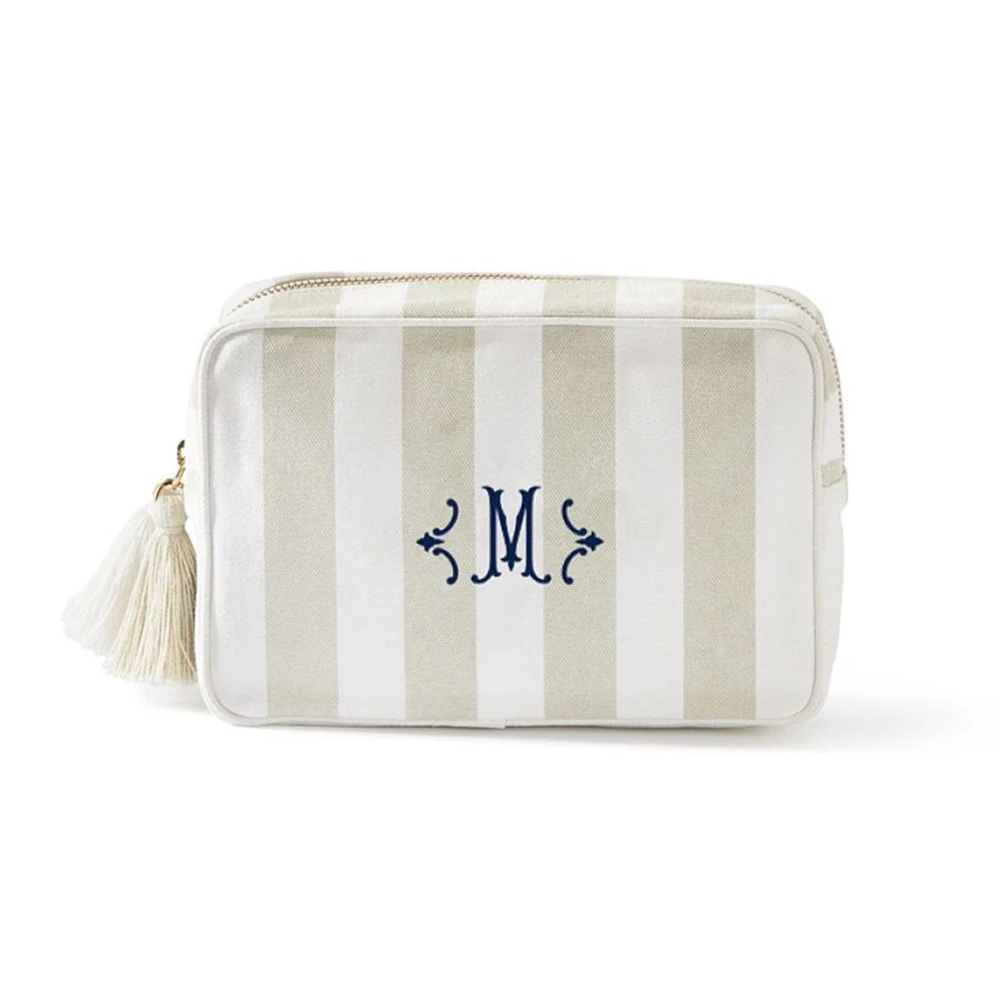 Embroidery Customization Stripes Canvas Natural With Tassel Cosmetic Pouch Makeup Bag