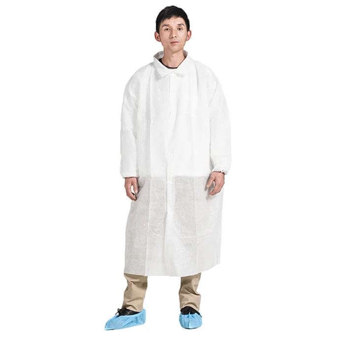 white pp non woven lab coats disposable single collar elastic cuff garments