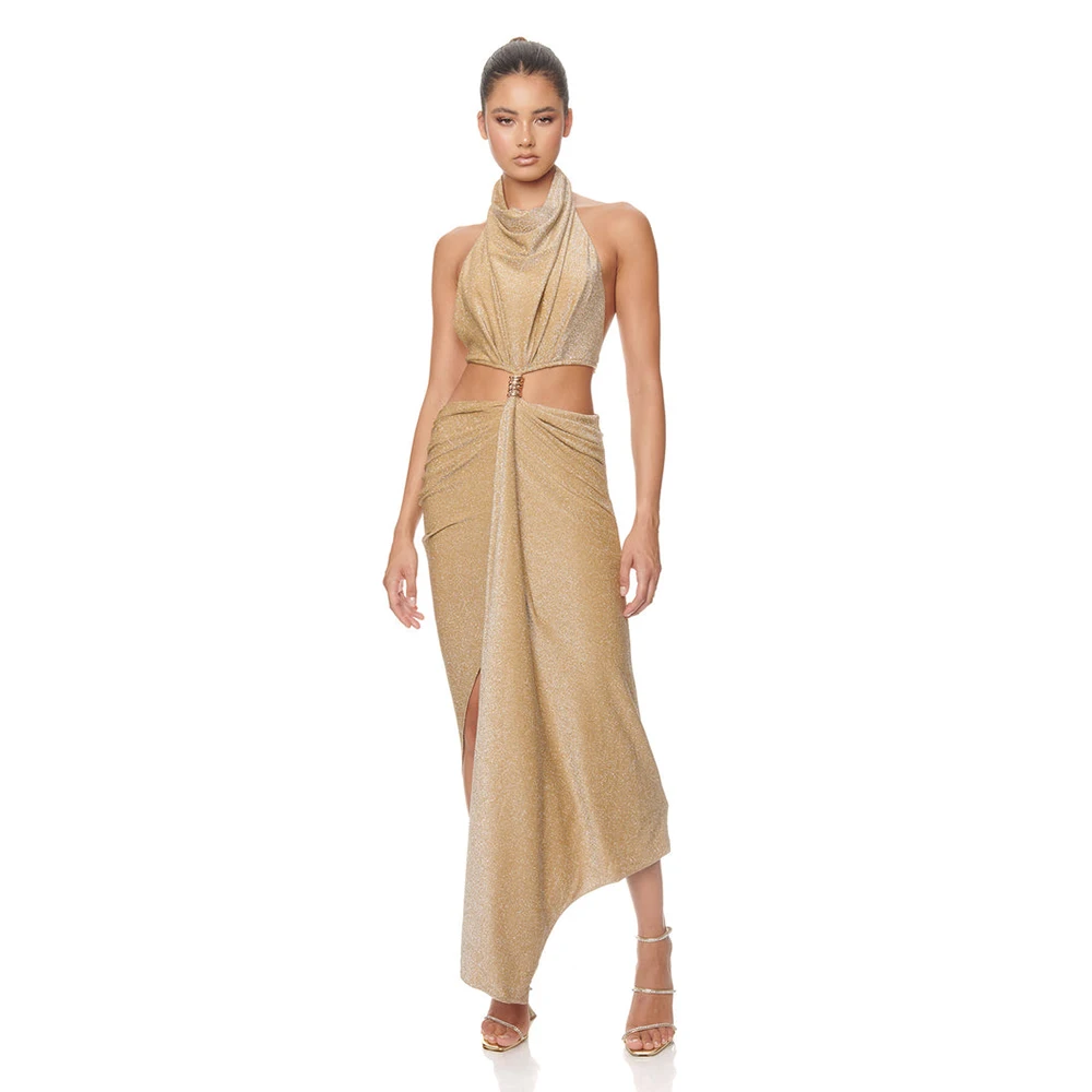 SB2715 Kimshein Fashion Sexy Vestido Longo Halter Hole Backless With Gold Chain Asymmetry Sequin Bling Dresses Evening