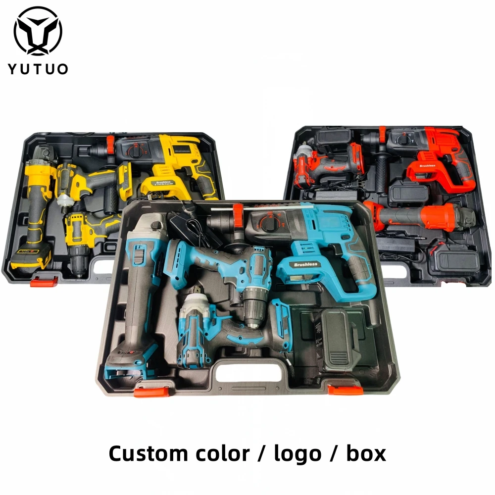 YUTUO pro quality 3ah drill grinder hammer wrench 4 in 1 li-ion battery plastic tool box kit cordless power tool combo set