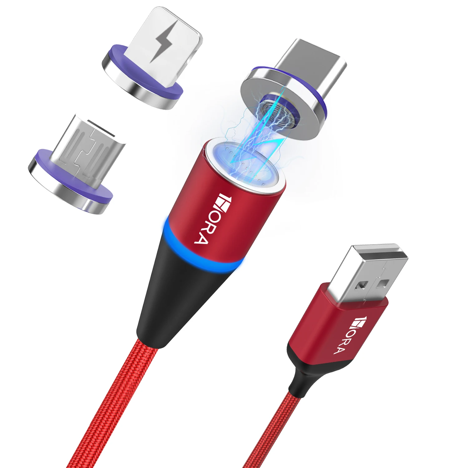 1HORA Type c cable fast charging 3A magnetic cable  USB phone cable  3-in-1 Nylon Braided Cord compatible micro usb/type-c/I-pro